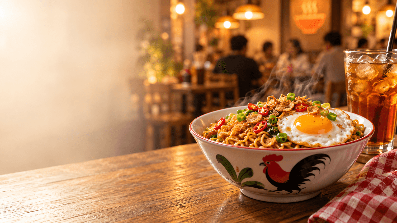 Mi goreng hangat dengan telur mata sapi dalam mangkuk ayam, ditemani es teh di suasana warung yang hangat